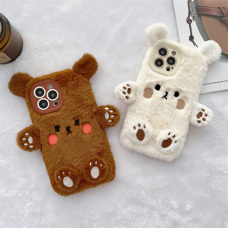Phone Cases Leather - Korean 3D Cartoon Bear Fluffy Plush
