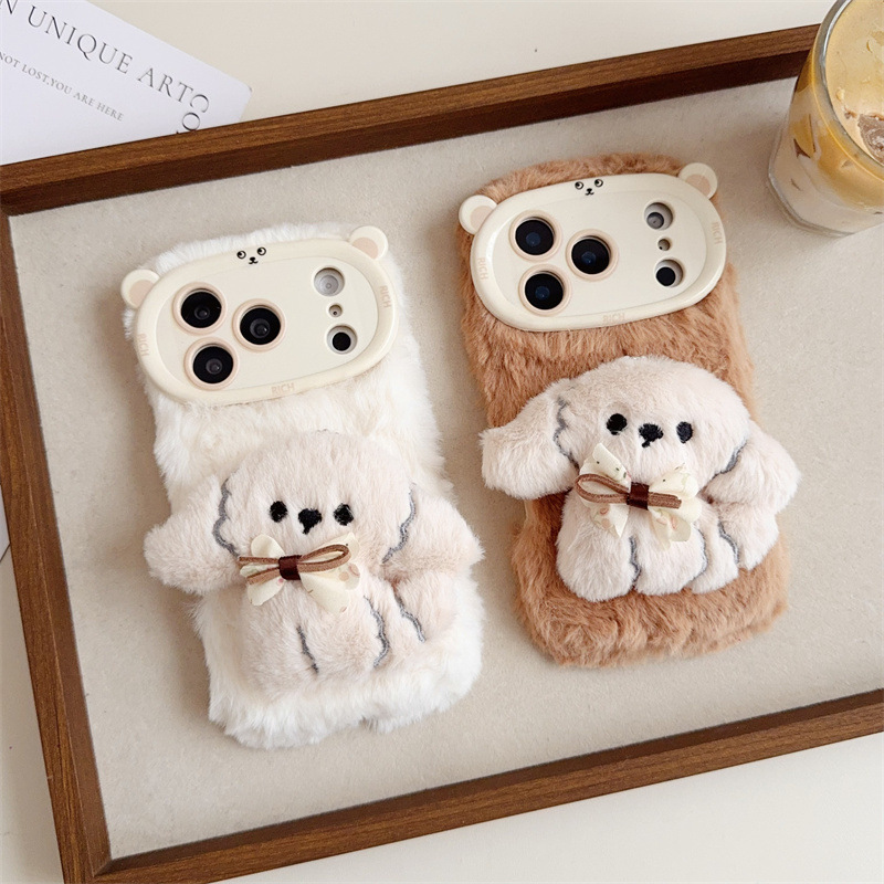 Phone Cases Iphone 13 - 3D Cartoon Bowknot Puppy Warm Fluffy